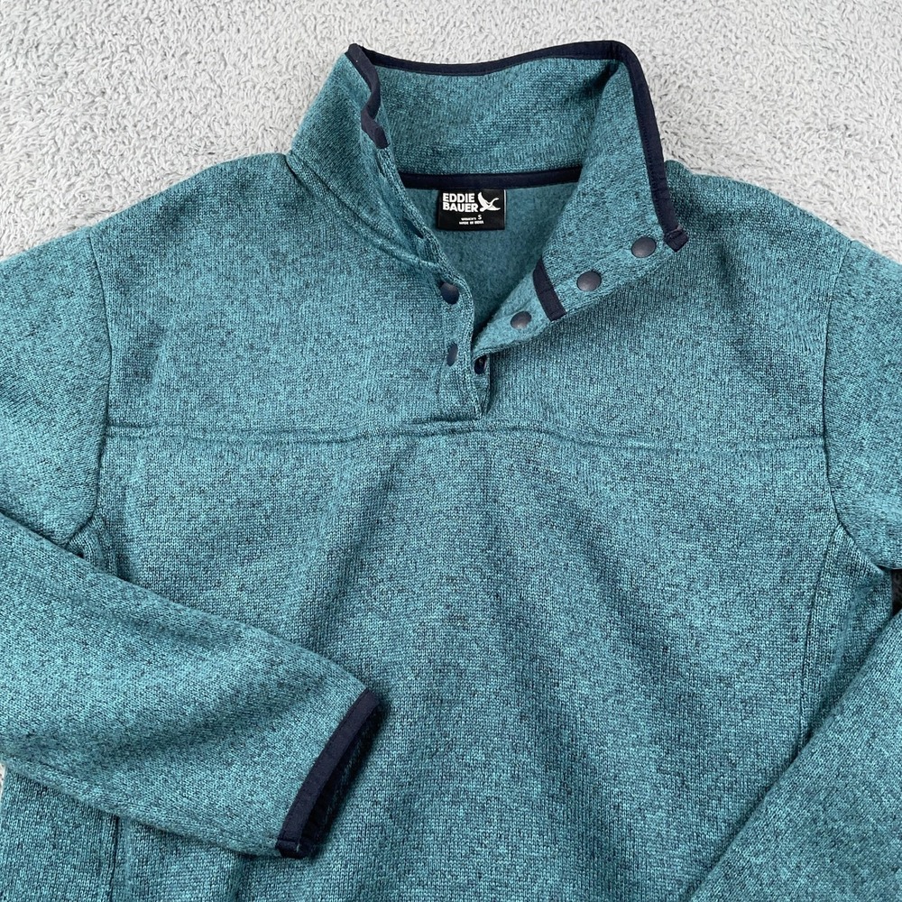 Eddie Bauer Pullover Womens Small Teal Snap Mock Neck Sweater Fleece Pockets